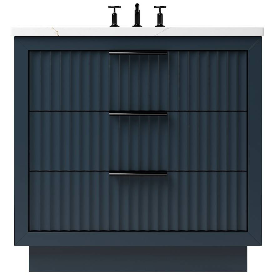 Blue bathroom vanity with white countertop and black fixtures on a white background
